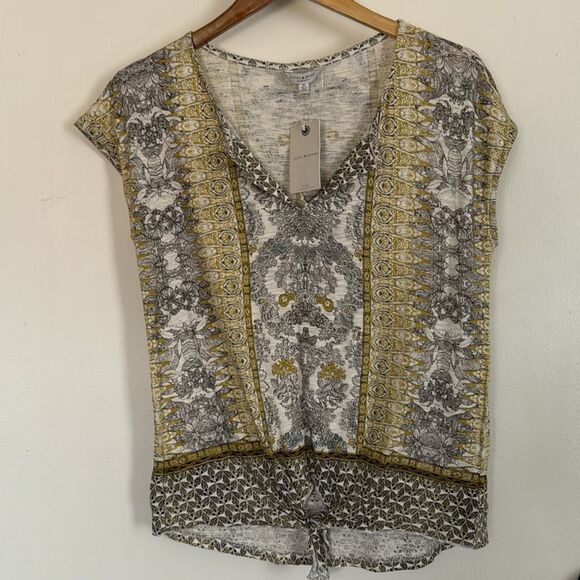 Lucky Brand Floral Tie Waist Cotton Modal V-Neck Top Shirt Boho Ornate Print Med - Picture 2 of 8